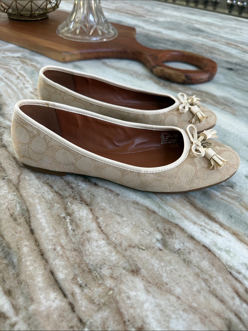 Coach Beige Signature Canvas Ballet Flats with Tassel Bow